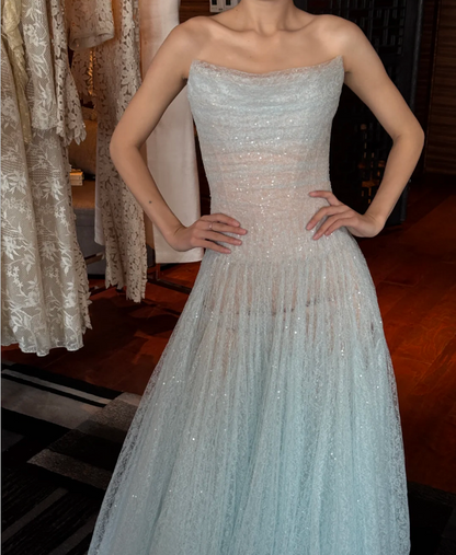 Dreamy Light Blue Strapless A-Line Shimmery Tulle Long Prom Dress Evening Dress P4747