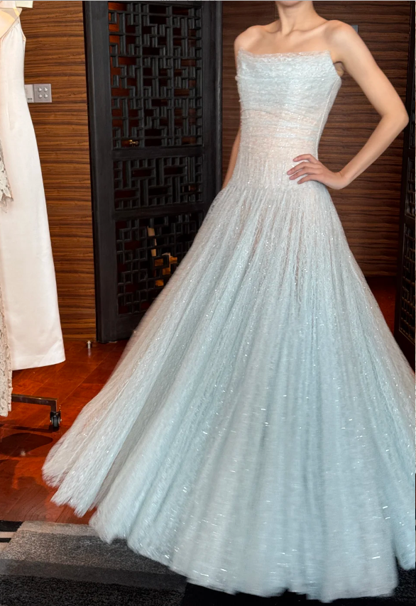 Dreamy Light Blue Strapless A-Line Shimmery Tulle Long Prom Dress Evening Dress P4747