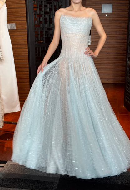 Dreamy Light Blue Strapless A-Line Shimmery Tulle Long Prom Dress Evening Dress P4747