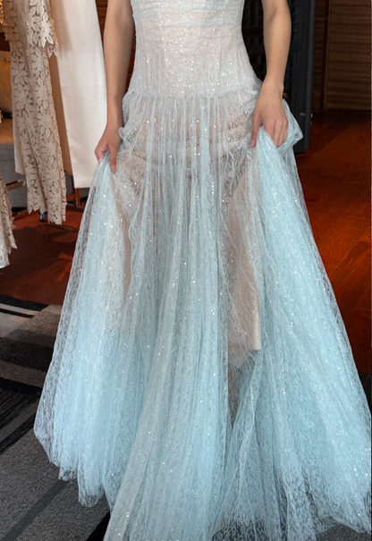 Dreamy Light Blue Strapless A-Line Shimmery Tulle Long Prom Dress Evening Dress P4747