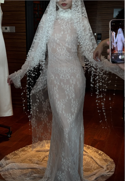 Vintage White High Neck Long Sleeve Mermaid Lace Tulle Train Wedding Dress P4748