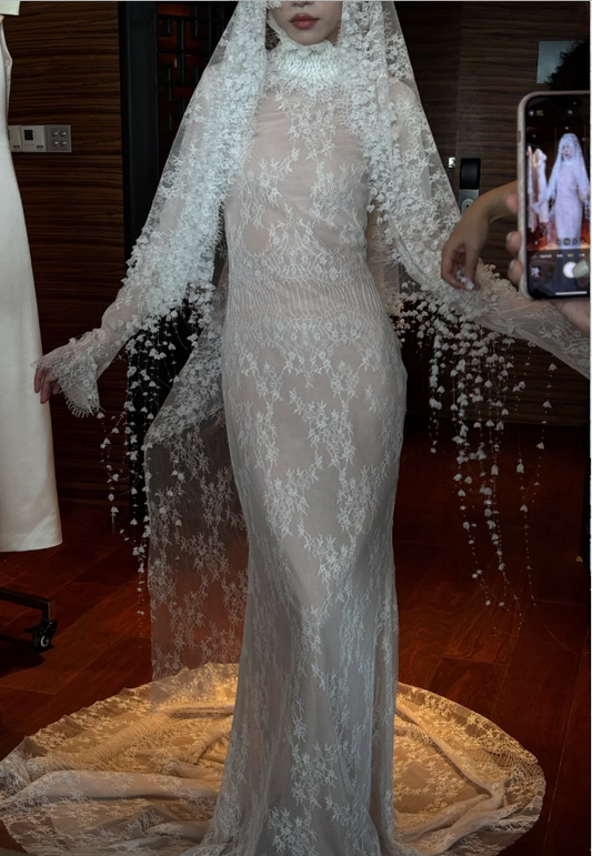 Vintage White High Neck Long Sleeve Mermaid Lace Tulle Train Wedding Dress P4748