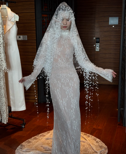Vintage White High Neck Long Sleeve Mermaid Lace Tulle Train Wedding Dress P4748