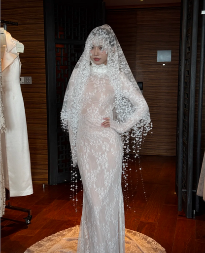 Vintage White High Neck Long Sleeve Mermaid Lace Tulle Train Wedding Dress P4748