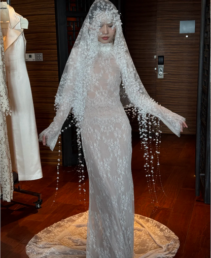 Vintage White High Neck Long Sleeve Mermaid Lace Tulle Train Wedding Dress P4748