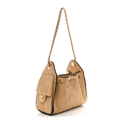 Braided Raffia Calfskin Quilted Mini Chanel 25 Handbag Beige Black