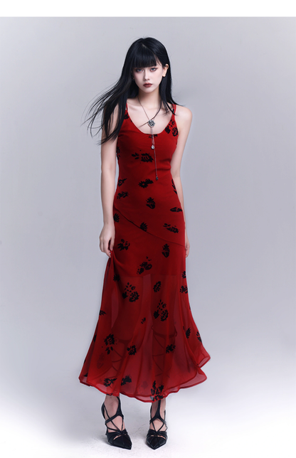 Simple Fashion Floral Pattern Design Spaghetti Strap Dress TP2948