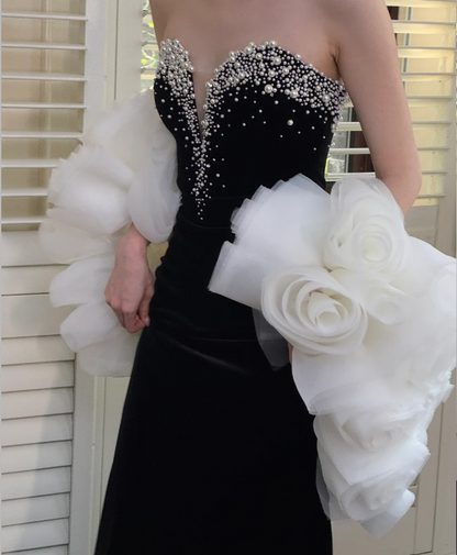 Vintage Black Sweetheart Neck Mermaid Pearl Velvet Long Prom Dress Evening Dress P4749
