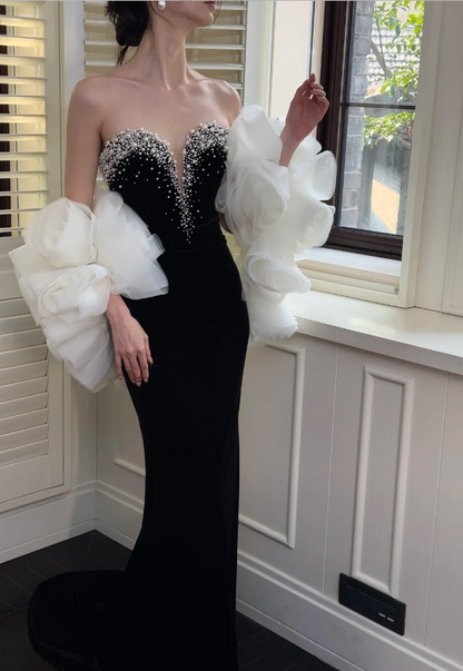 Vintage Black Sweetheart Neck Mermaid Pearl Velvet Long Prom Dress Evening Dress P4749