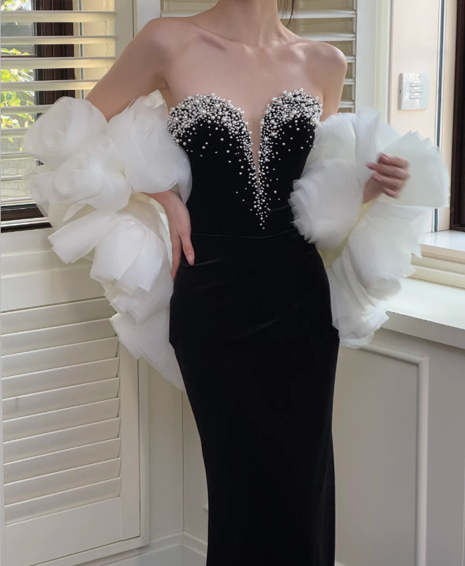 Vintage Black Sweetheart Neck Mermaid Pearl Velvet Long Prom Dress Evening Dress P4749