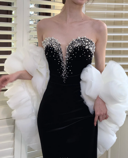 Vintage Black Sweetheart Neck Mermaid Pearl Velvet Long Prom Dress Evening Dress P4749