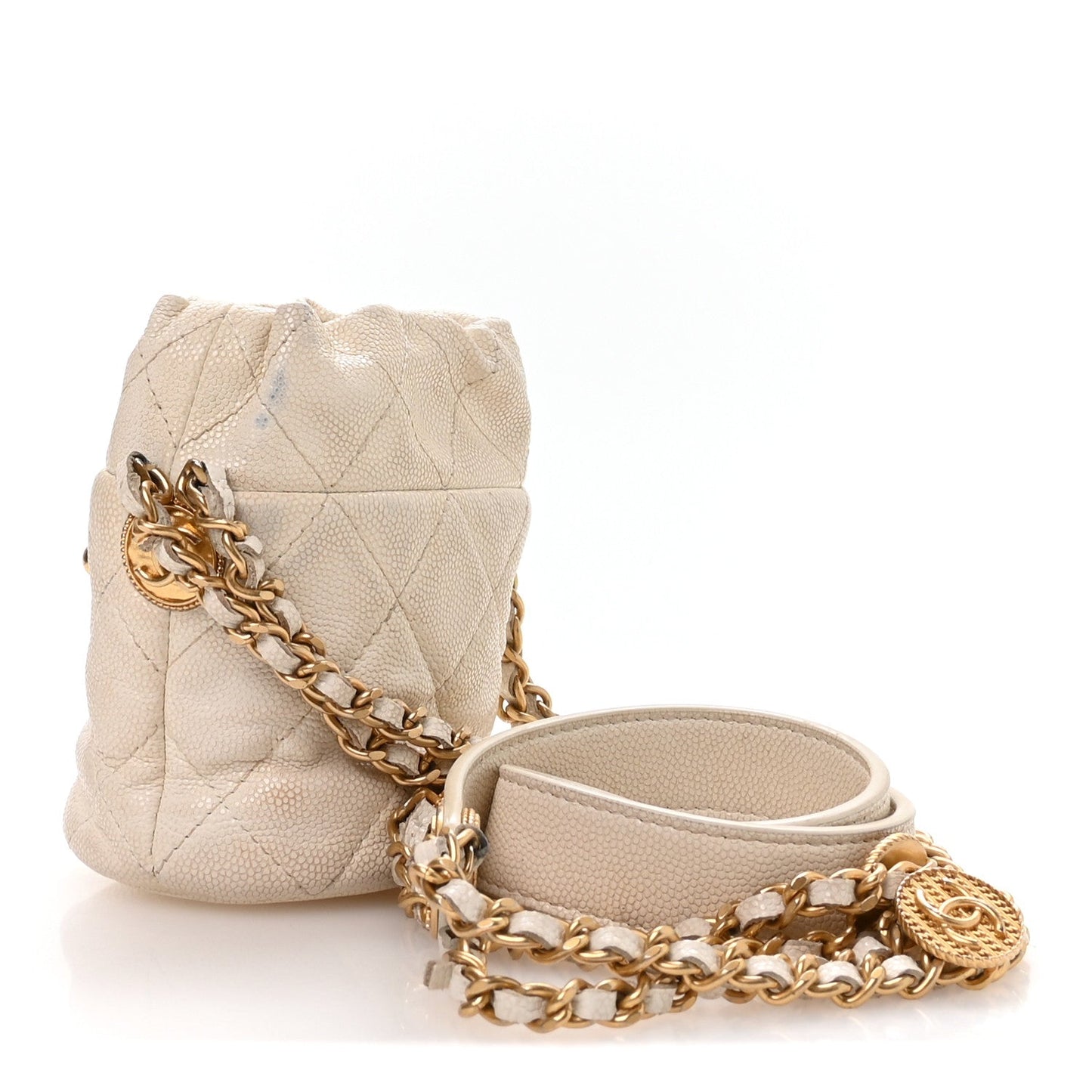 Caviar Quilted Twist Your Buttons Mini Bucket Bag White
