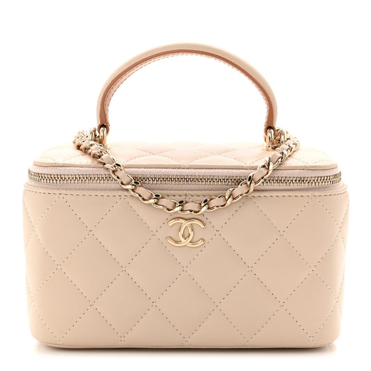 Lambskin Quilted Small Top Handle Vanity Case With Chain Ecru Dark Beige
