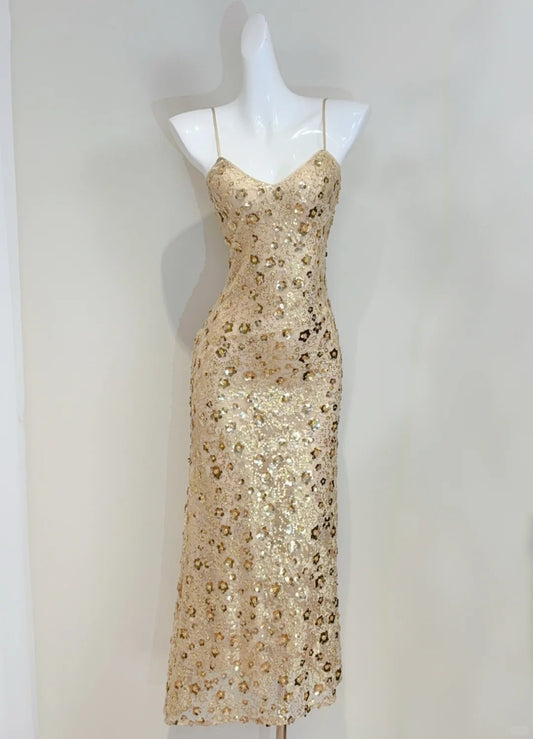 Luxury Gold Mermaid Strapless V-Neck Sequined Long Prom Dress Evening Dress P4075