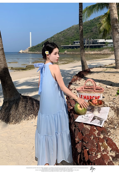Simple Elegant Blue Design Beach Holiday Halter Dress TP3070