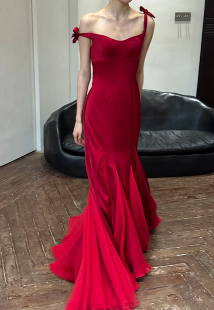 Elegant Red Bow Strap Mermaid Satin Long Prom Dress Evening Dress P4751