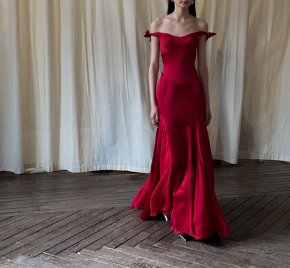 Elegant Red Bow Strap Mermaid Satin Long Prom Dress Evening Dress P4751