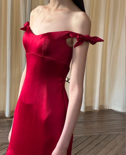 Elegant Red Bow Strap Mermaid Satin Long Prom Dress Evening Dress P4751
