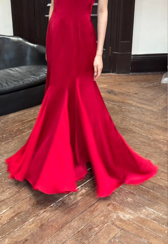 Elegant Red Bow Strap Mermaid Satin Long Prom Dress Evening Dress P4751