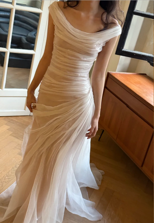Unique White Off-the-Shoulder Mermaid Layered Ruched Tulle Train Wedding Dress P4752