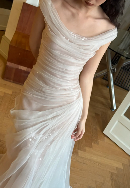 Unique White Off-the-Shoulder Mermaid Layered Ruched Tulle Train Wedding Dress P4752