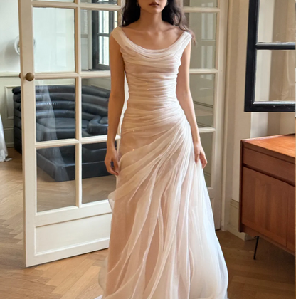 Unique White Off-the-Shoulder Mermaid Layered Ruched Tulle Train Wedding Dress P4752