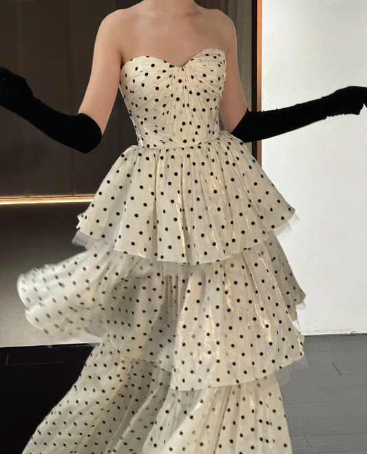 Vintage Polka Dot Printed Sweetheart Neck A-Line Layered Tulle Long Prom Dress Evening Dress P4753
