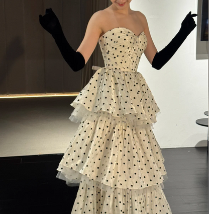 Vintage Polka Dot Printed Sweetheart Neck A-Line Layered Tulle Long Prom Dress Evening Dress P4753