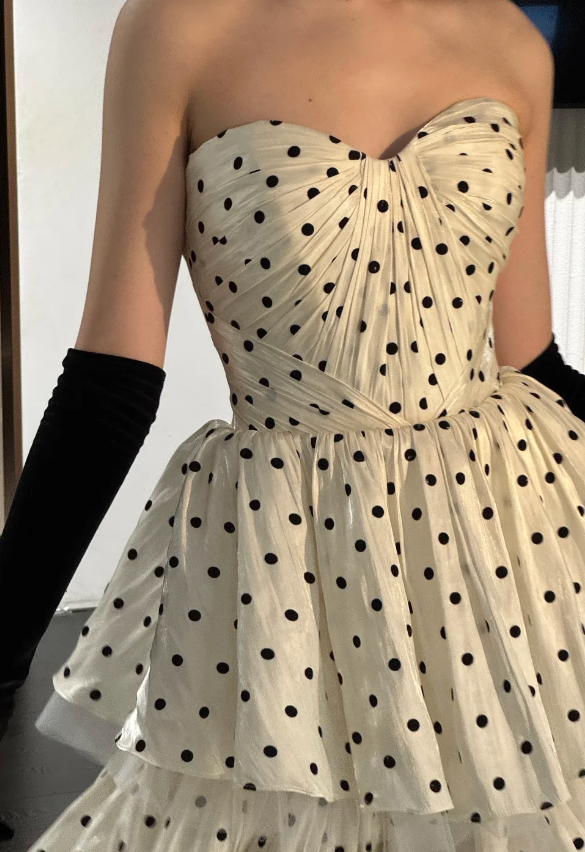 Vintage Polka Dot Printed Sweetheart Neck A-Line Layered Tulle Long Prom Dress Evening Dress P4753