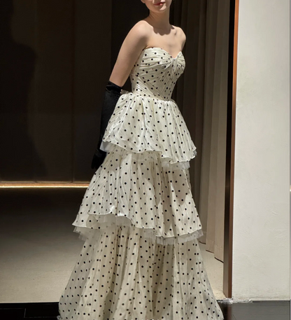 Vintage Polka Dot Printed Sweetheart Neck A-Line Layered Tulle Long Prom Dress Evening Dress P4753