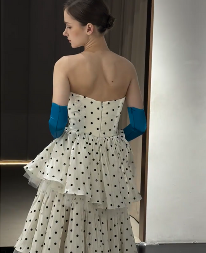 Vintage Polka Dot Printed Sweetheart Neck A-Line Layered Tulle Long Prom Dress Evening Dress P4753