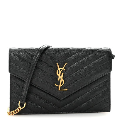 Grain De Poudre Matelasse Chevron Monogram Envelope Chain Wallet Black