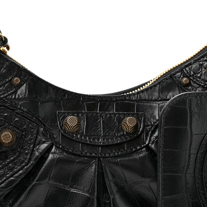 Extra Supple Calfskin Crocodile Embossed Le Cagole Shoulder Bag XS Black