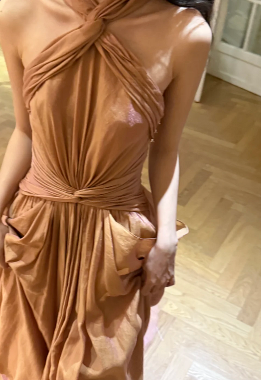 Elegant Champagne Gold Halter Neck Twist Ruched Satin Train Prom Dress Evening Dress P4754