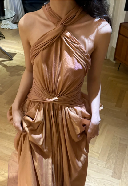 Elegant Champagne Gold Halter Neck Twist Ruched Satin Train Prom Dress Evening Dress P4754