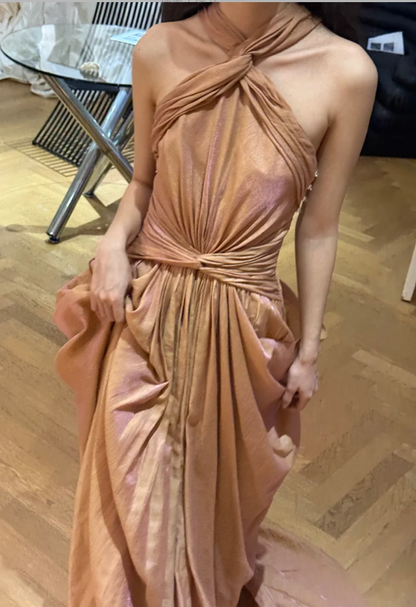 Elegant Champagne Gold Halter Neck Twist Ruched Satin Train Prom Dress Evening Dress P4754