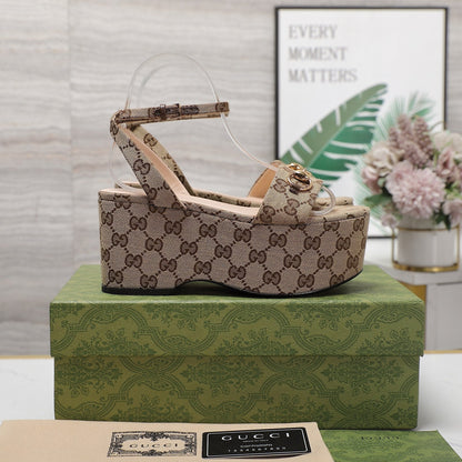 GG  Horsebit Wedges Sandals Brown