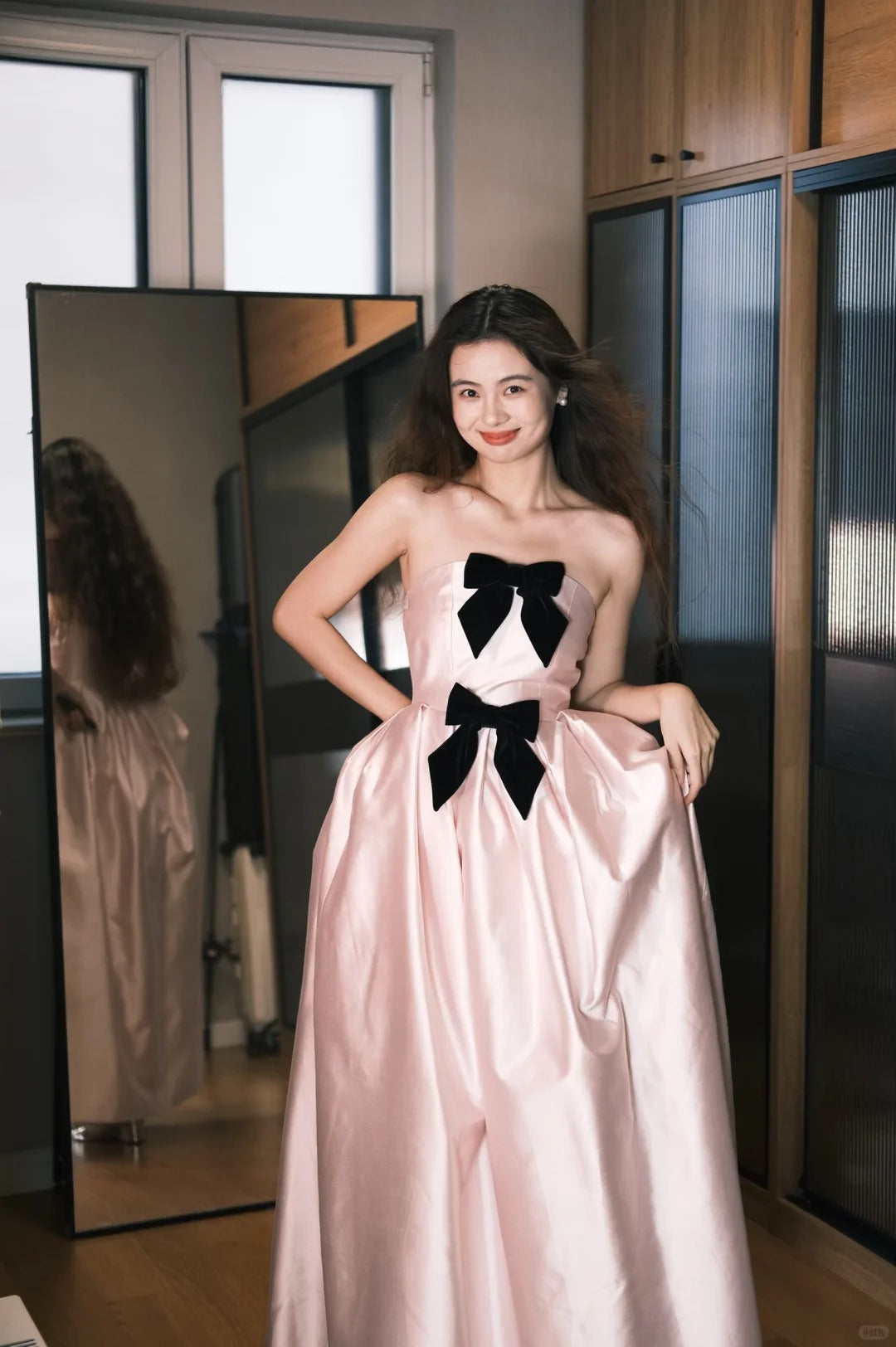 Sweet Princess Pink Bow A-Line Satin Long Prom Dress Birthday Dress P4756
