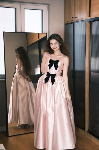Sweet Princess Pink Bow A-Line Satin Long Prom Dress Birthday Dress P4756