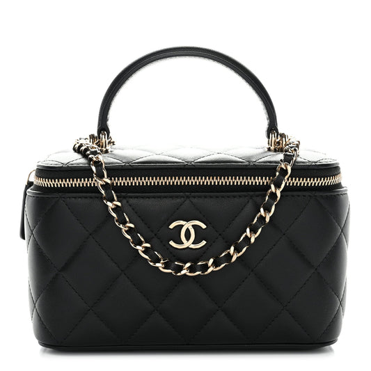 Lambskin Quilted Small Top Handle Vanity Case With Chain Black