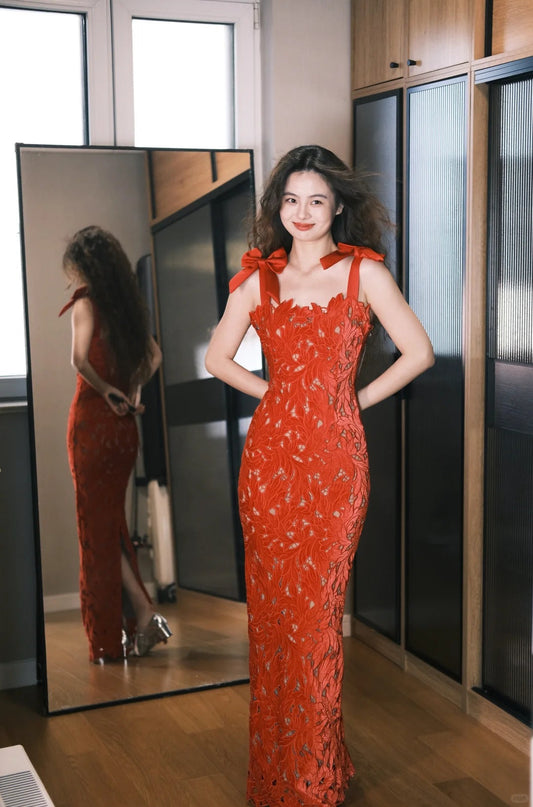 Sweet Red Mermaid Bow Strap 3D Lace Long Prom Dress Birthday Dress P4757