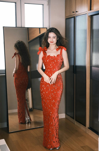 Sweet Red Mermaid Bow Strap 3D Lace Long Prom Dress Birthday Dress P4757