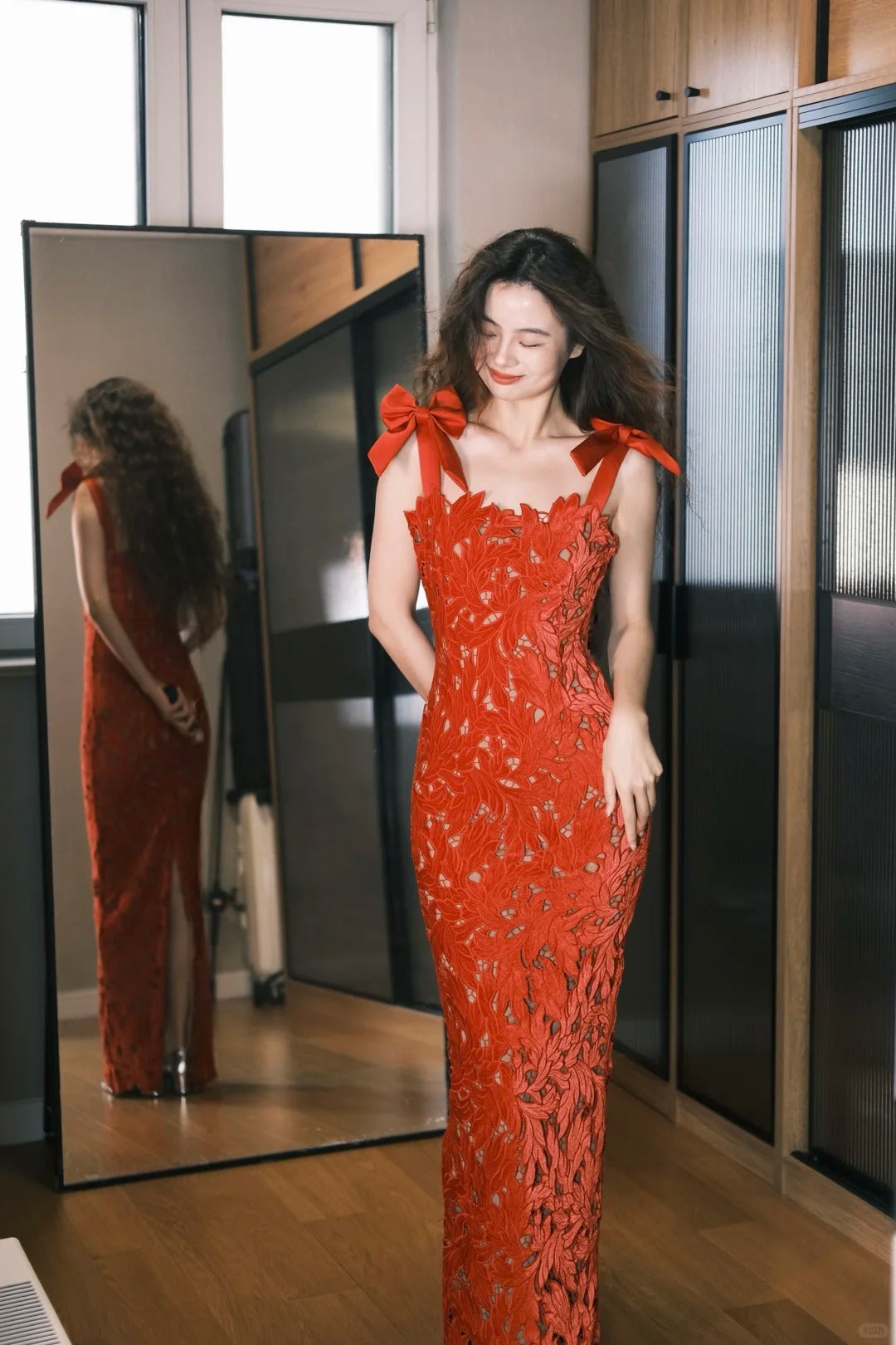 Sweet Red Mermaid Bow Strap 3D Lace Long Prom Dress Birthday Dress P4757