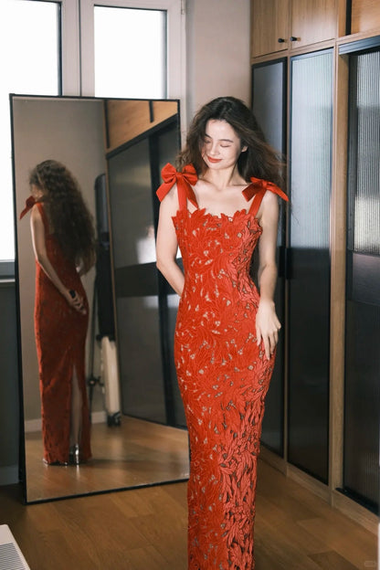 Sweet Red Mermaid Bow Strap 3D Lace Long Prom Dress Birthday Dress P4757
