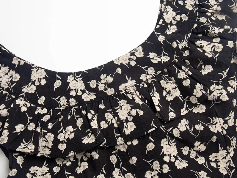 2025 Summer New French Black Floral Ruffled Medium Length Square Neck Dress R0914