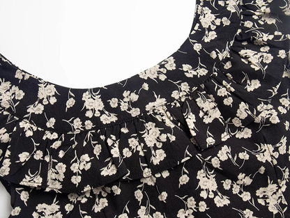 2025 Summer New French Black Floral Ruffled Medium Length Square Neck Dress R0914