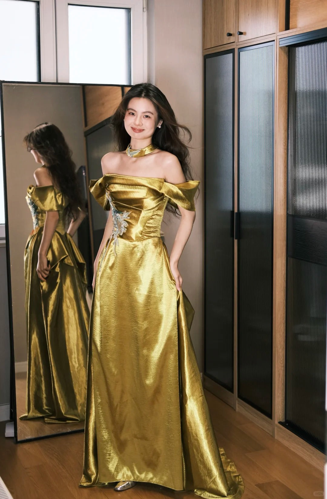 Gorgeous Gold Off-the-Shoulder A-Line Embroidered Satin Long Prom Dress Evening Dress P4758