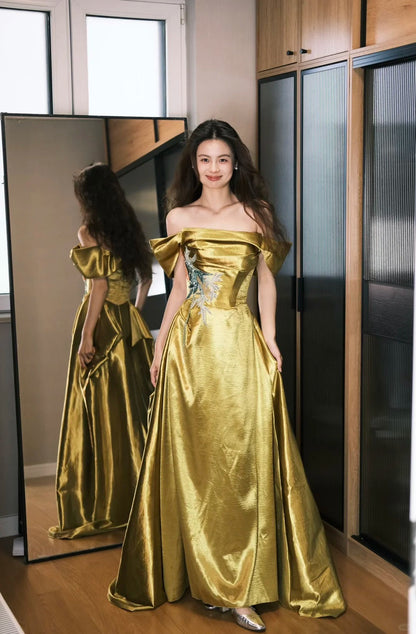 Gorgeous Gold Off-the-Shoulder A-Line Embroidered Satin Long Prom Dress Evening Dress P4758