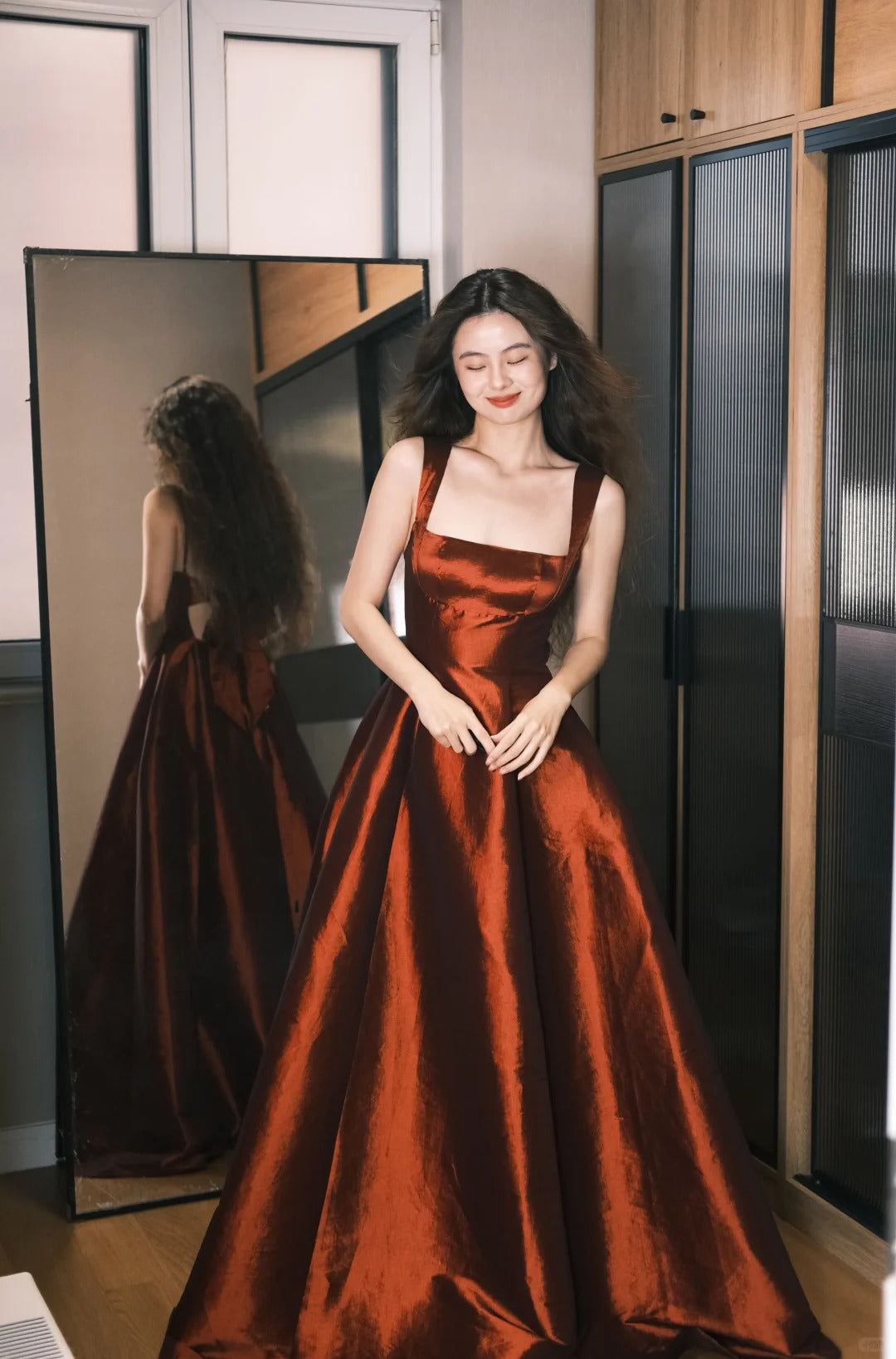 Elegant Burgundy A-Line Square Neck Bow Satin Long Prom Dress Evening Dress P4759
