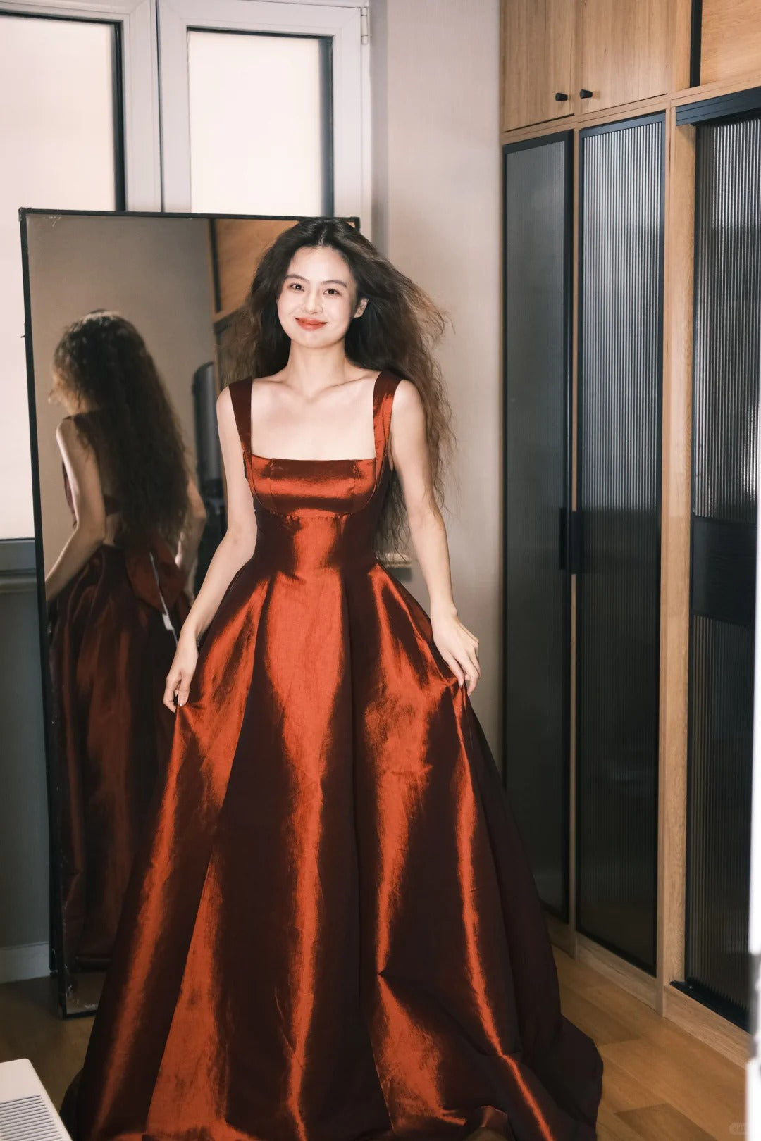 Elegant Burgundy A-Line Square Neck Bow Satin Long Prom Dress Evening Dress P4759